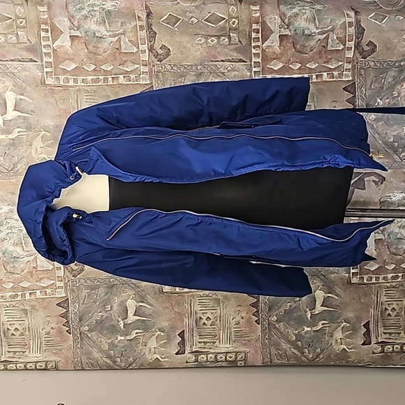 Steve Madden long bright blue long jacket full zipper belt attached hood - Picture 3 of 14